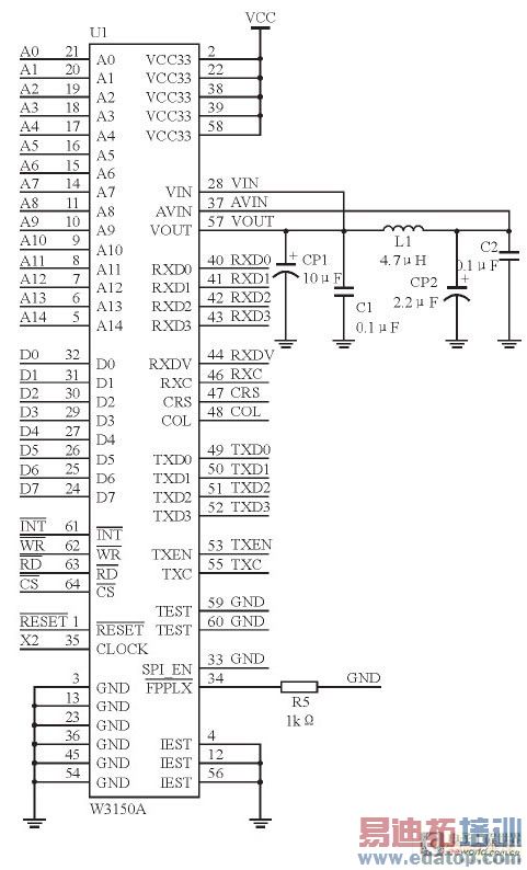 W3150A+与FPGA的接口电路