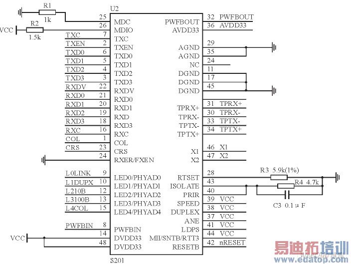 物理层芯片与W3150A+的接口电路