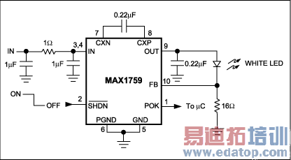 ͼ1. ���Ƴ�������ӣ�ʹ�����ѹ�͵�ɱ�IC�ܹ�ֱ�ӵ��ڰ׹�LED��ƫ�õ�����