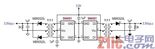 图 5 VISO-1 和 VISO-2 的隔离式电源设计