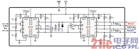 图 4 双隔离式二到四线转换器设计