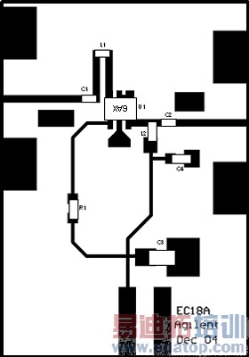 图8:GPS LNA的电路板布局。注意L1要放在远离MGA-61563的平行微带的边缘。