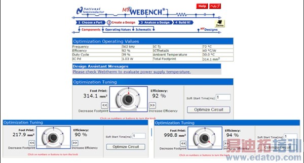 图1:国半的在线设计工具WEBENCH(这里显示了带“拨号式”SIMPLE SWITHCER开关稳压器参数优化调谐界面)。
