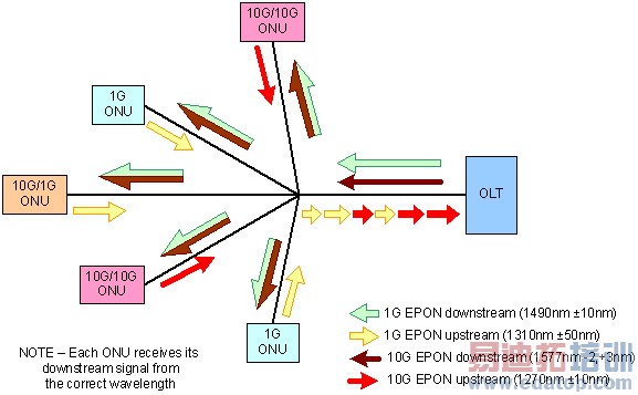 图1 EPON 与 10G EPON ONU 共享同一 PON 的示意图