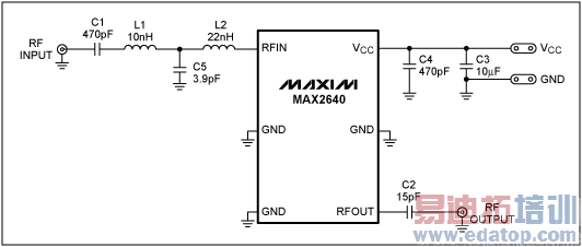 图1. MAX2640针对470MHz至770MHz ISDB-T应用的调谐电路