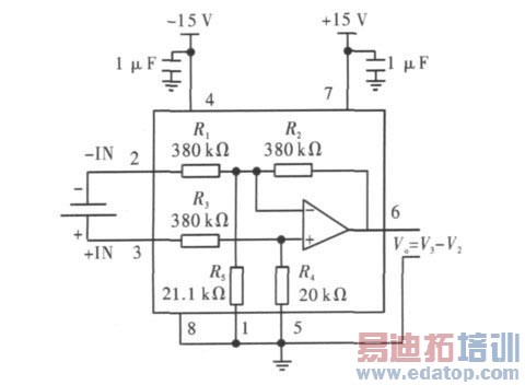图2 INA117 输出电压是两输入电压之差的接法