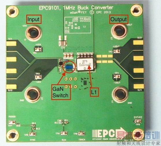 图1该演示板用于显示GaN的EMI。该GaN组件被圈定,我会在L1左侧测量切换的波形。