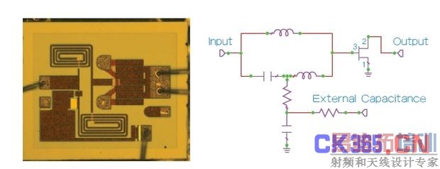 图4:用于混合分立式功率放大器解决方案的MMIC成品图(左)和原理图(右)。