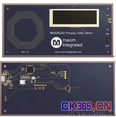 图4. HDU正面PCB(上),包括集成NFC天线和显示屏;HDU背面PCB(下),可看出NFC天线线圈连接至MAX66242安全标签认证器。