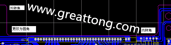 PCB���ʱ������ת�Ƕ���ΪԲ�ǣ�R1.0mm��R2.0mmΪ�ˡ�