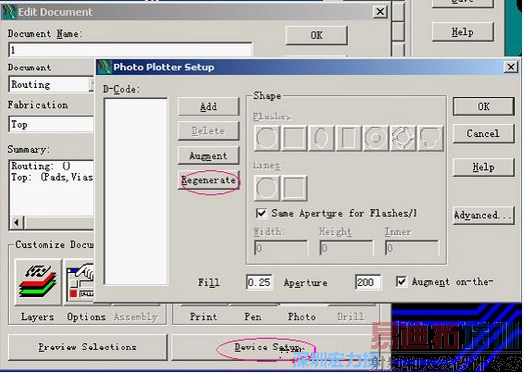 ��Gerber����׶��������ѡ��һ��ƬԪ���϶�Ĳ㣨һ��ΪTop�㣩�����Device SetupPhoto���� Plotter Setup����D-Code��ԭ�е�D��ɾ������Regenerate��������