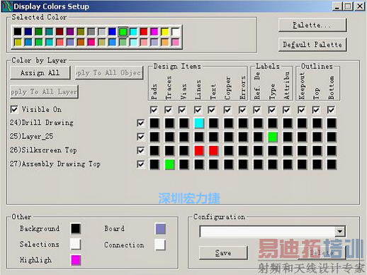 按Ctrl+Alt+C打开颜色设置窗口,通过颜色设置来分析文件;将线路层的勾去掉,设置显示的层,将其相应选项前打个勾;