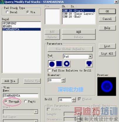 分析文件完成后,点击菜单Setup→Pad Stacks调出焊盘堆设置窗口,将Pad Stack Type改为Via