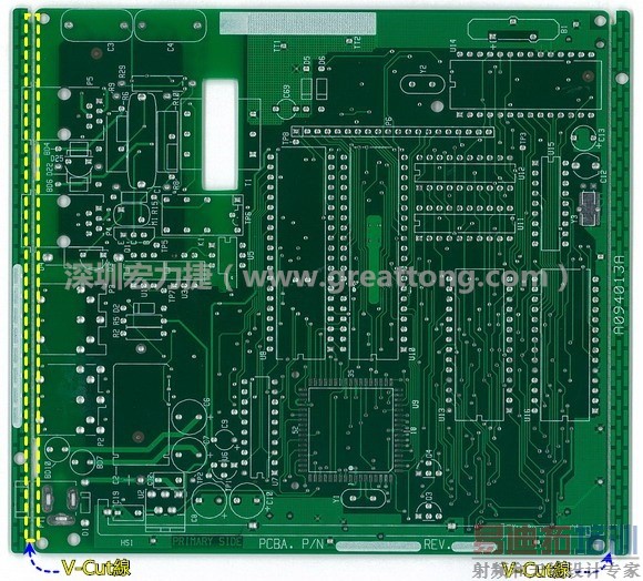 所谓【V-cut】是印刷电路板(PCB)厂商依据客户的图纸要求,事先在PCB的特定位置用转盘刀具切割好的一条条分割线,其目的是为了方便后续SMT电路板组装完成后的「分板(De-panel)」之用,因为其切割后的外型看起来就像个英文的【V】字型,因此得名。