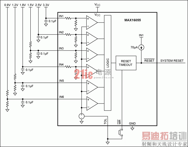 图6. MAX16055监测六路电源电压(不带看门狗定时器)