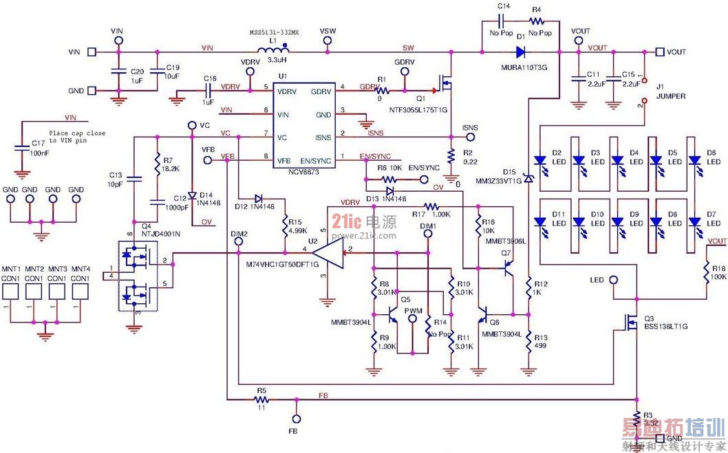 ͼ1��Ӧ����NCV887300��LED PWM������Ƶ�·��