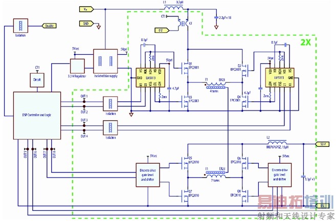 ͼ4������eGaN FET��ơ�������250kHz����Ƶ�ʵİ˷�֮һשʽ��38 V~60 V��53 V/70Wת������ԭ��ͼ��(����ϵͳ���)