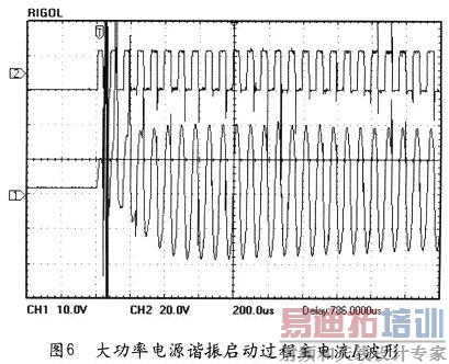 本文研制电源在大功率启动过程的IGBT触发信号和谐振主电流特性曲线