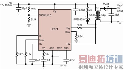 利用 LT3574 实现反激式转换器的原理图