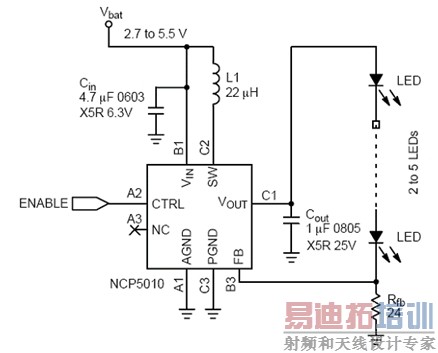 图1:电荷泵和电感LED驱动器电路图。