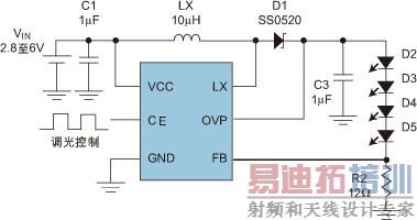 ͼ1��Step-UP DC/DC ���ص�Դʵ��LED�����ĵ���Ӧ����·��