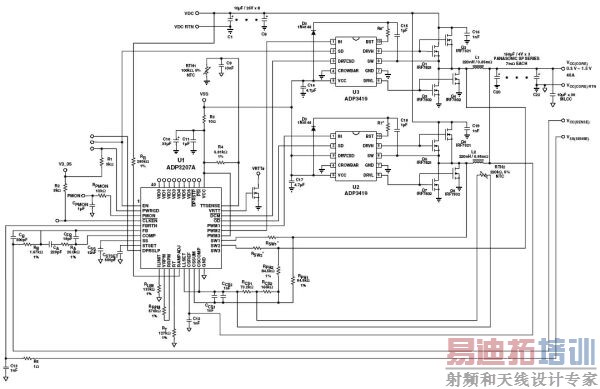 图2:ADP3207A的电路实例。ADP3207A在处理器选择低功耗工作时,可以变换到单相工作模式。