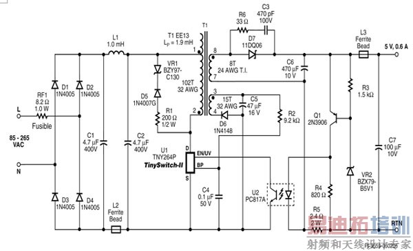 图1:空载功耗低于30mW,带偏置绕组。