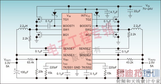图1:在 7V至24V电源范围内工作的双路 3.3V/2.5V输出LTC3850应用原理图。
