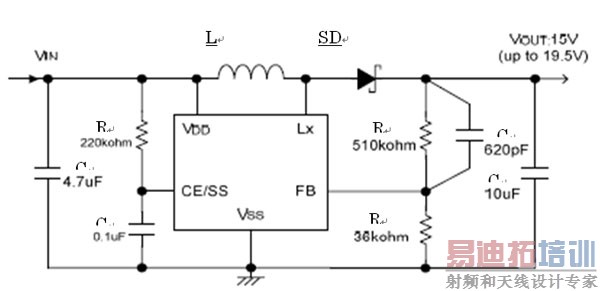 图7:利用 LQH3N3N220N功率电感的升压评估电路。