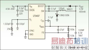 图:这款200kHz的单片降压开关稳压器的工作电压范围为3.3V~60V连续输入,可忍受高达80V的瞬态电压,从而使其非常适合汽车应用。