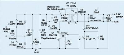 图4:基于TinySwitch-II芯片的3W(5.1V、600mA)充电器电源电路图。