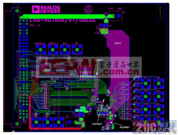 ��ʾAD7607 DAS��ADR421��׼��ѹԴ��PCB���ֲ���