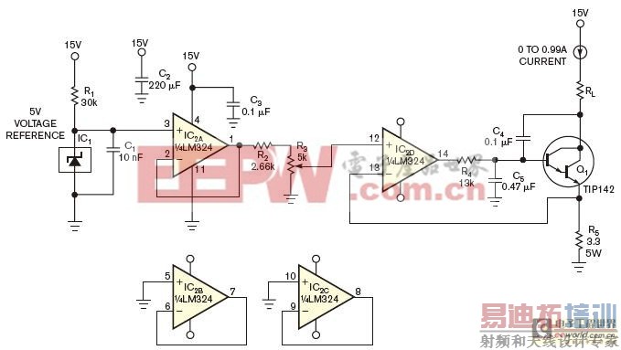 一个电压基准和两个运算放大器向R5提供稳定电压