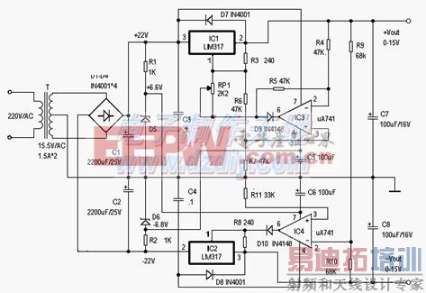 ��LM317��UA741������0-&plusmn;15V��ѹ��Դ��·ͼLM317+UA741 Power supply