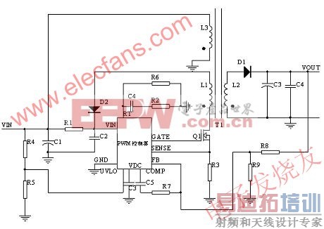PWM controller + MOSFET实现FLYBACK 示意图 www.elecfans.com