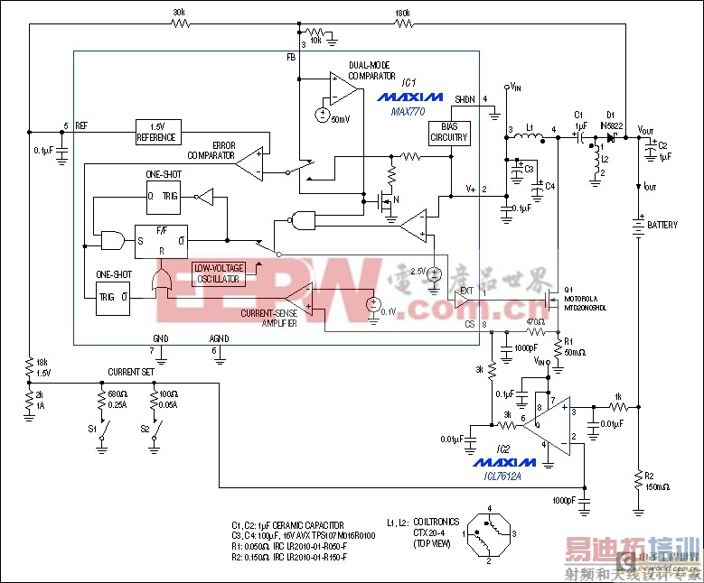 此通用的电池充电器围绕控制器IC构成,使之产生幅度由运放调整的平均电流