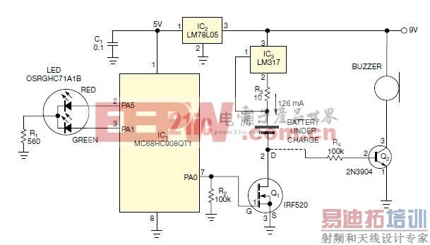 图: MC68HC908QT1的功能是一个16小时定时器。LM317则与R3一起配置为一个电流源。