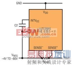 在低端电流检测拓扑中,LTC2945 从受监视的电源获得电源