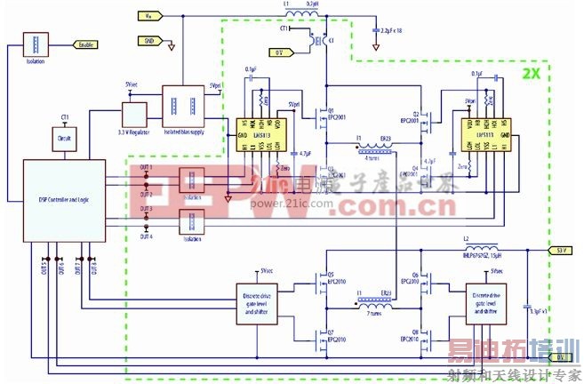 ͼ4������eGaN FET��ơ�������250kHz����Ƶ�ʵİ˷�֮һשʽ��38 V~60 V��53 V/70Wת������ԭ��ͼ��(����ϵͳ���)