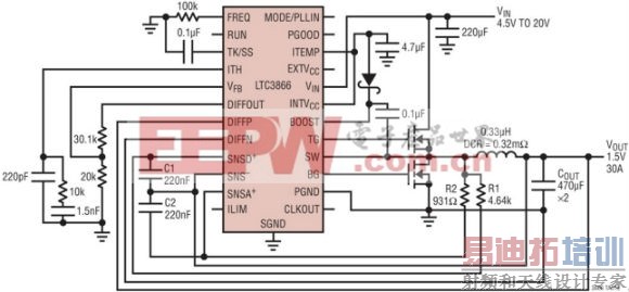 LTC3866 的典型应用电路原理图 (用于实现 12VIN 至 1.5VOUT/30A 降压转换)