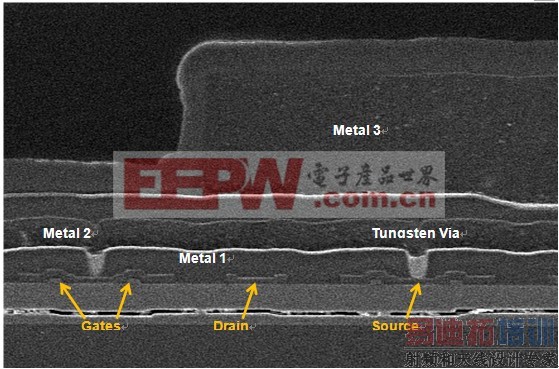 氮化镓场效应晶体管的扫描电子显微镜图像。