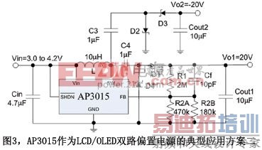 ͼ3AP3015��ΪLCD/OLED˫·ƫ�õ�Դ�ĵ���Ӧ�÷�����