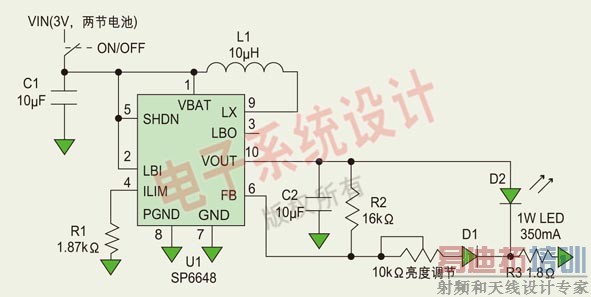 ͼ4��2����ŵ������350mA LED���������ȵ��ڹ��ܵĿ��ƻ�·��