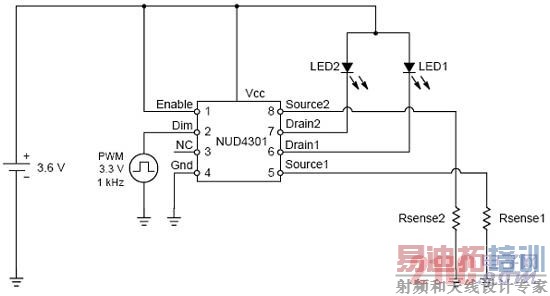 ����������ѹ��NUD4301��Ϊ�ƶ�С��LCD��屳�������LED������·