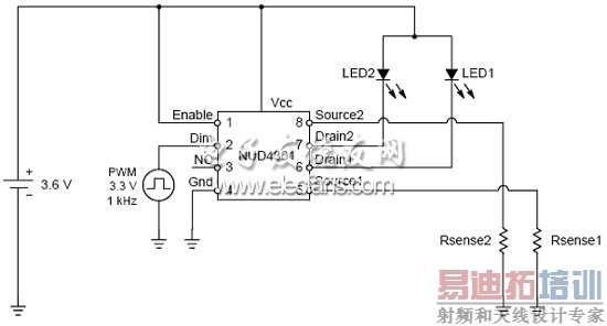 采用线性稳压器NUD4301做为推动小型LCD面板背光的两颗LED驱动电路